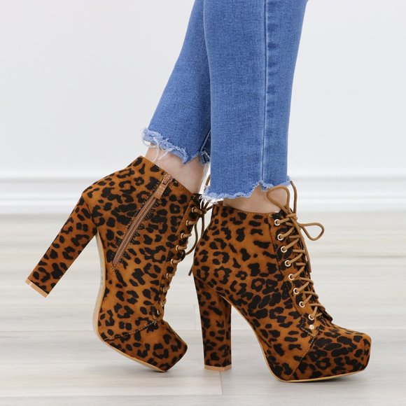 Shoes - Leopard Print Suede Heeled Ankle Booties